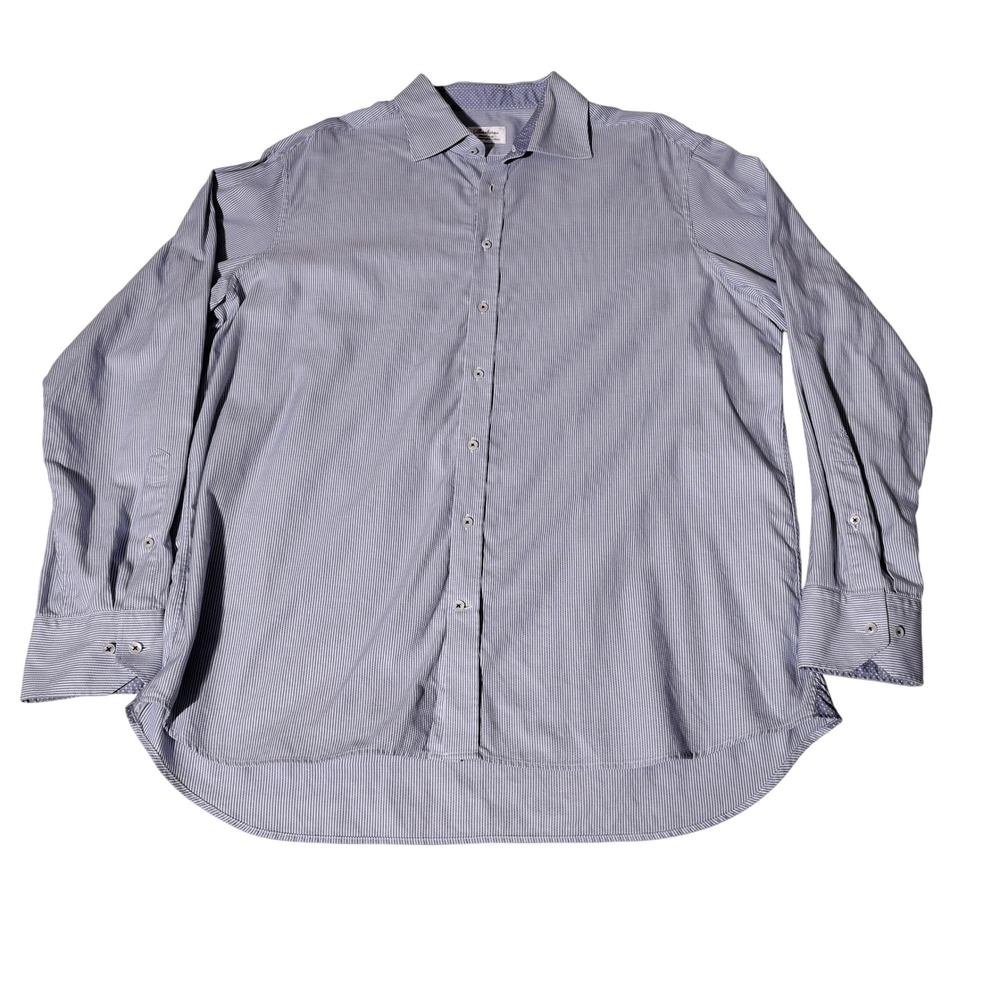 Stenströms Mens Pinstripe Button Down Shirt Blue White Twofold Cotton 18 / 46